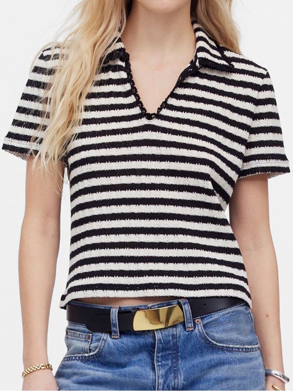 Madewell Black & White Striped Polo Top